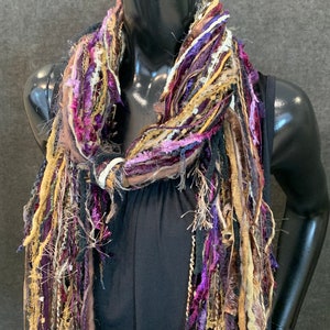 Handmade Boho Indie style art scarf, purple beige black fringe scarf, Fringie boho inspired scarf women gift, accessory bohemian image 4