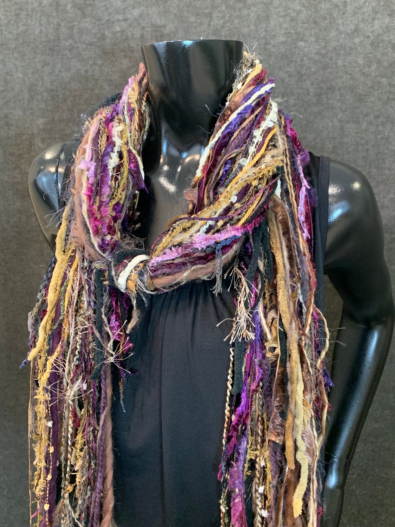 Handmade Boho Indie style art scarf, purple beige black fringe scarf, Fringie boho inspired scarf women gift, accessory bohemian image 4