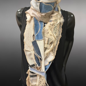 Couture upcycled fabric long scarf, Shreds series bohemian style, upcycled indie clothing, blue jean cream scarf, wrap shawl image 4