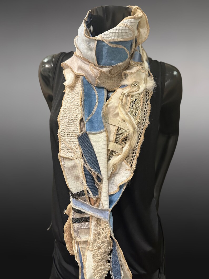 Couture upcycled fabric long scarf, Shreds series bohemian style, upcycled indie clothing, blue jean cream scarf, wrap shawl image 4