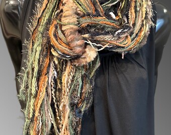 Bohemian style Yarn Scarf, Green Rust Brown handmade Scarf, boho fashion scarf, cowgirl scarf, woodland indie scarf