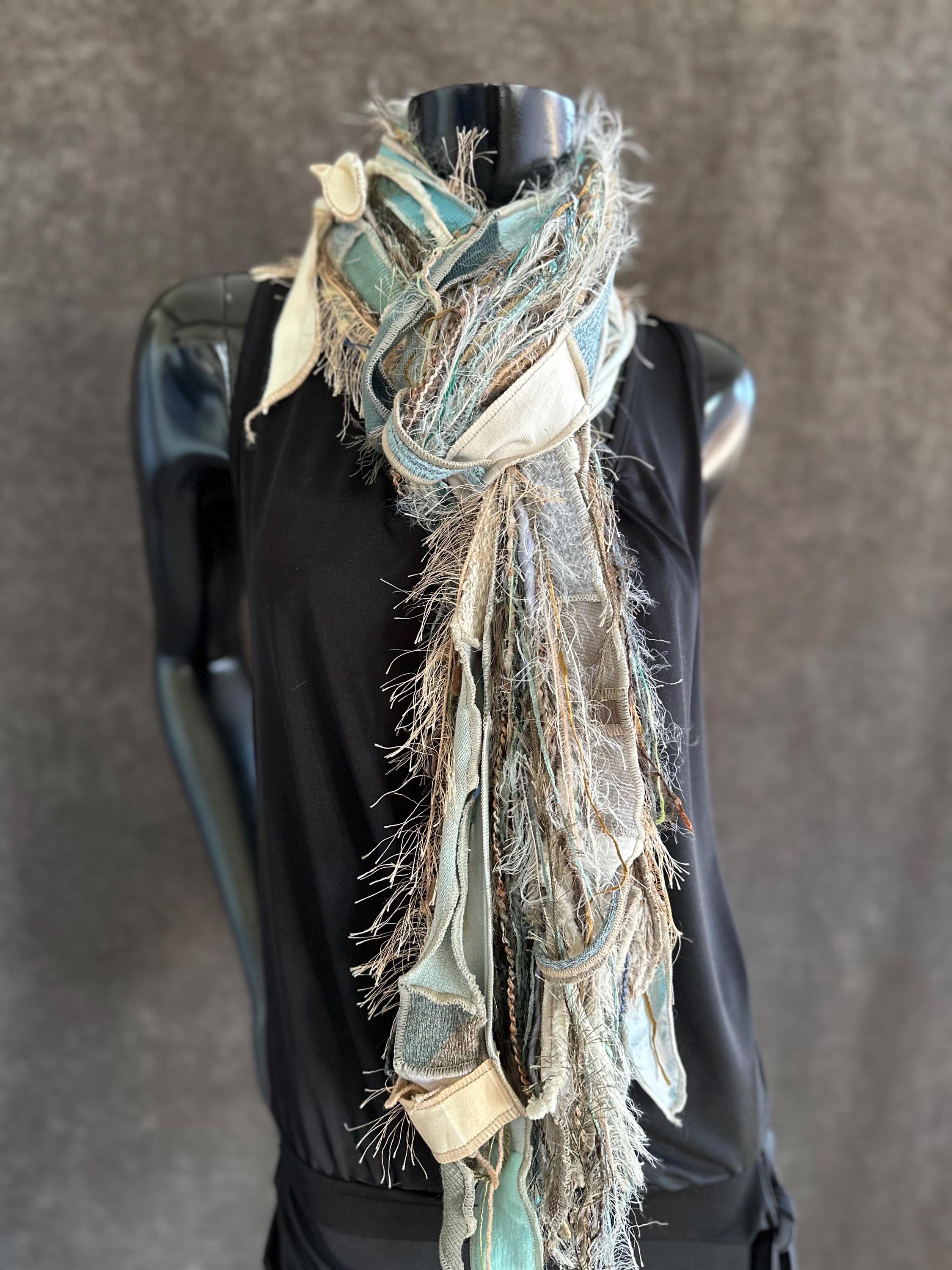 Bohemian Handmade Long Boho Olive Sage Cream Scarf, Shreds Fringie