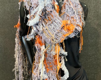 Handmade artistic knit Fall funky scarf, luxury extra long scarf, gray rust Bohemian fashion, knitwear, boho style, gypsy