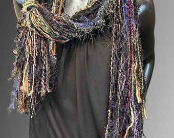 Handmade Boho Indie style art scarf,  purple green jewel tone fringe scarf, Fringie boho inspired scarf women gift, accessory bohemian