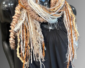 Handmade Boho Indie style art scarf,  cream peach rust color fringe scarf, Fringie scarf, women gift, accessory bohemian, ribbon necklace