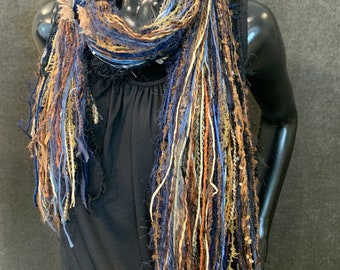 Fringie Yarn Scarf, Blue Rust Tan handmade Scarf, boho fashion scarf, petite funky scarf, yarn feather scarf