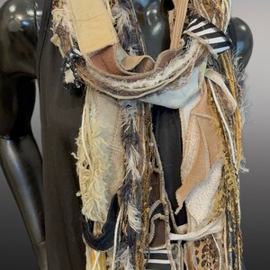 Lightweight black, beige animal print Boho fabric plus art yarn Scarf, Western unisex scarf, fiber scarf, street style scarf, cheetah print image 7