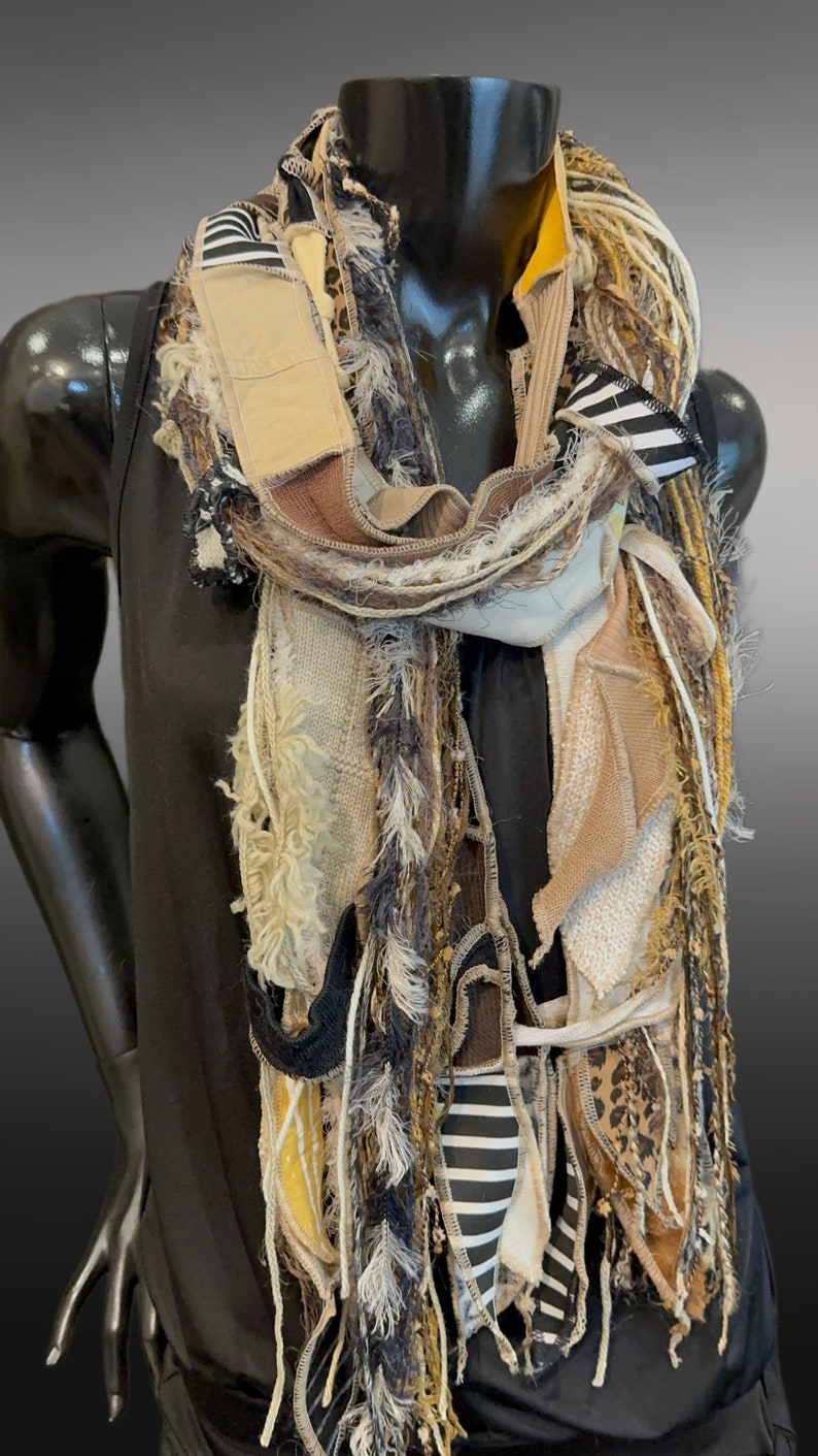 Lightweight black, beige animal print Boho fabric plus art yarn Scarf, Western unisex scarf, fiber scarf, street style scarf, cheetah print image 7