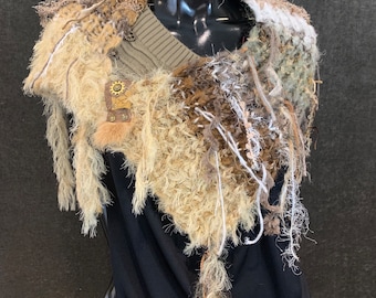 Luxury knit art yarn couture fringe cowl with charms, Indie capulet, funky fashion, bohemian handmade cowl, beige shoulder wrap