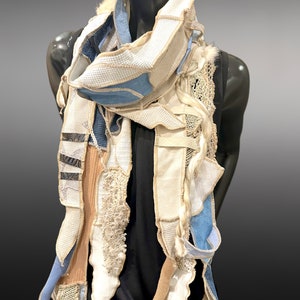 Couture upcycled fabric long scarf, Shreds series bohemian style, upcycled indie clothing, blue jean cream scarf, wrap shawl image 2