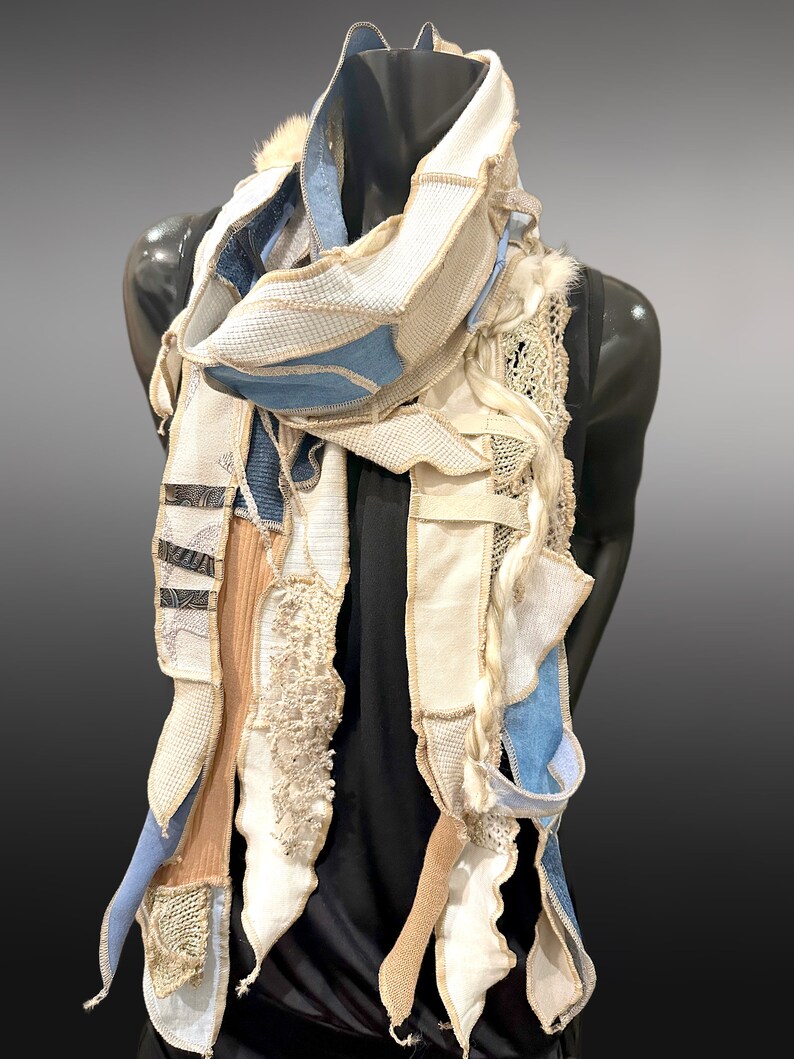 Couture upcycled fabric long scarf, Shreds series bohemian style, upcycled indie clothing, blue jean cream scarf, wrap shawl image 2