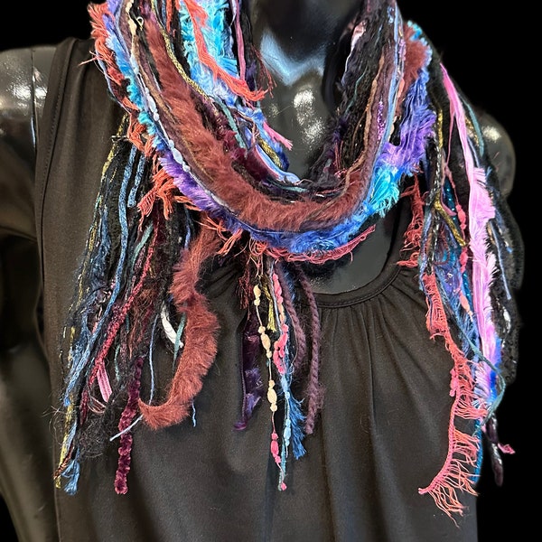 Art yarn scarf, Fringie in jewel tones, purple aqua fuscia black Boho Fringe Scarf, Multitextural fringe scarf in boho chic, funky scarf