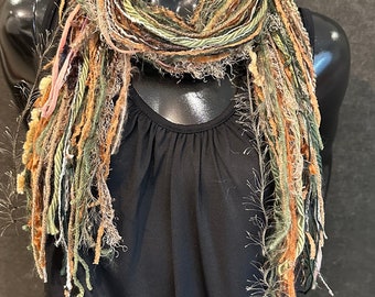 Boho style Fringie scarf in fall colors green orange , Handmade art yarn scarf , indie fashion scarf,  boho chic,