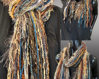 Fringie Yarn Scarf, Aqua Rust Brown handmade Scarf, boho fashion scarf, petite cowgirl scarf, yarn indie scarf