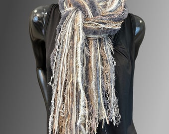 Fringie Yarn Scarf, gray beige taupe ivory,  handmade Scarf, bohemian fashion scarf, street style scarf, yarn cowgirl scarf