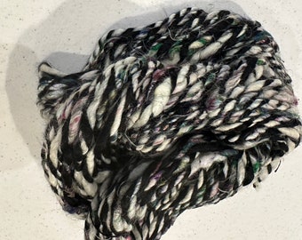 Hand spun alpaca silk merino worsted weight yarn with stripes, black and white striped art yarn