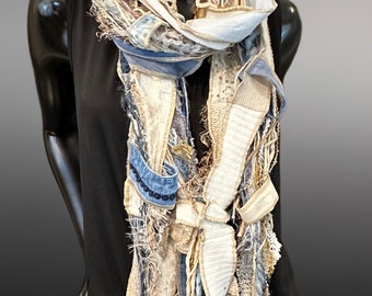 Lightweight handmade long Boho blue jean Scarf, Shreds Fringie yarn scarf, Artsy fiber fringe scarf, tribal scarves, refashion