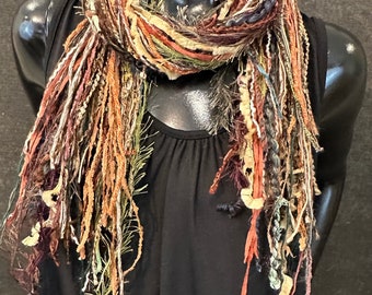 Art yarn Fringie Boho scarf in burgundy rust olive fall color Multitextural Bohemian or Tribal scarf, autumn color scarf, women gifts