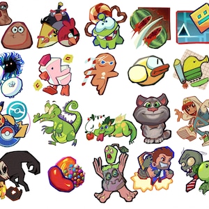 Może przedstawiać: Zbiór kolorowych naklejek z postaciami z kreskówek, przedstawiających popularne postacie z gier wideo i aplikacji, takie jak Angry Birds, Talking Tom, Cut the Rope i Plants vs. Zombies.