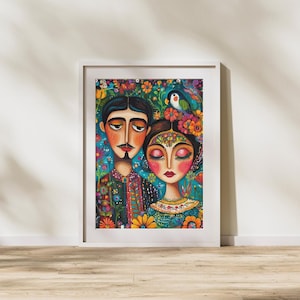 Mexican Folk Art Couple Print | Colorful Romantic Wall Decor | Boho Fiesta Digital Poster | Vibrant Floral Download | A010