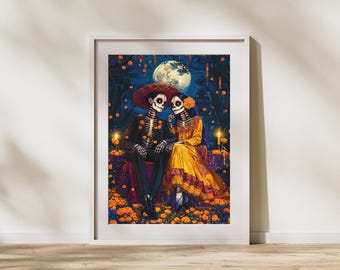 Day of the Dead Skeleton Couple Print | Romantic Dia de los Muertos Decor (Digital Download)