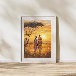 African Couple Wall Art | Romantic Sunset Printable | Tribal Love Painting | Digital Safari Landscape | Instant Download | A001