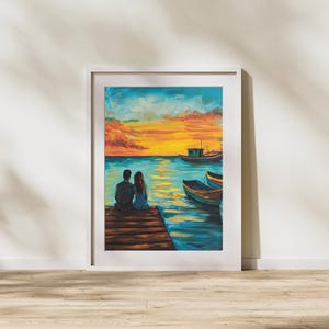 Coppia romantica al tramonto stampabile / Serena arte murale sul molo / Poster digitale sulla spiaggia tranquilla per la decorazione della camera da letto / Opera d'arte con amore costiero / A017