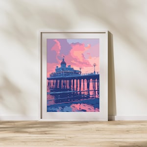 Brighton Pier Print | Pastel Coastal Sunset Poster | England Seaside Wall Art | Modern Travel Decor | Instant Download |B013