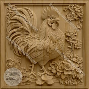 May include: A detailed wooden carving of a rooster standing on a bed of flowers. The rooster is carved in a realistic style, with intricate details on its feathers and beak. The flowers are also carved in a realistic style, with delicate petals and leaves.