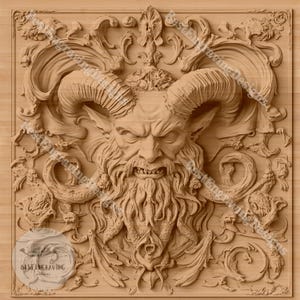 May include: A detailed wood carving of a horned, bearded creature with a fierce expression. The carving is surrounded by intricate floral and scrollwork.