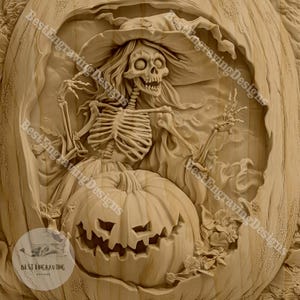 Puede incluir: Una talla de madera de una bruja esqueleto sosteniendo una calabaza tallada. La bruja lleva un sombrero puntiagudo y una larga túnica fluida. La calabaza tallada tiene una cara tallada con una amplia sonrisa.