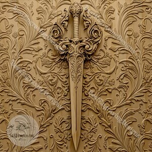 May include: A wooden carving of a sword with intricate details, set against a background of carved floral patterns.