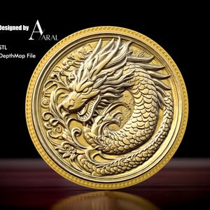 May include: A gold-coloured round metal plaque with a detailed design of a dragon with a raised, textured surface. The dragon is curled around a floral design. The plaque has a decorative border.