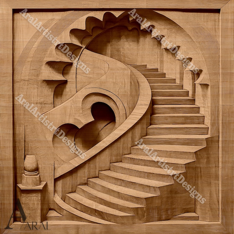 Op de afbeelding: Een houten sculptuur van een trap die lijkt te spiralen naar boven en dan weer naar beneden. De sculptuur is gemaakt van lichtbruin hout en heeft een realistische textuur.