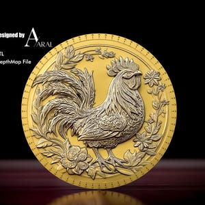 Diseño de moneda de gallo 3D: Grabado del zodiaco chino en formato STL de profundidad para máquinas láser de fibra y CNC