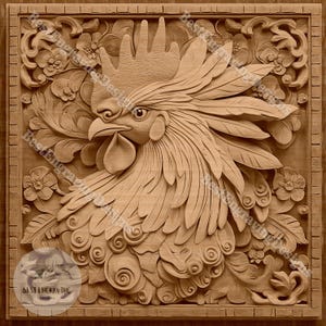 May include: A detailed wood carving of a rooster's head with intricate feathers and floral designs. The carving is in a light brown color and has a rustic, antique look.