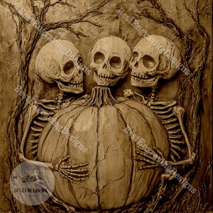 May include: Three skeletal figures with grinning skulls embrace a large, carved pumpkin. The pumpkin is textured and has a stem. The figures are in a dark, wooded setting.