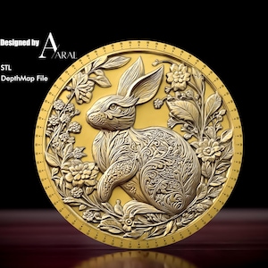 3D-Kaninchen-Tierkreis Münzgravur: STL-Datei für Faserlaser & CNC - Chinesische Astrologie-Tiefenkarte