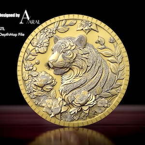 3D Tiger Münzgravur Design: Tiefenkarte STL für Faserlasermaschinen & chinesisches Sternzeichen