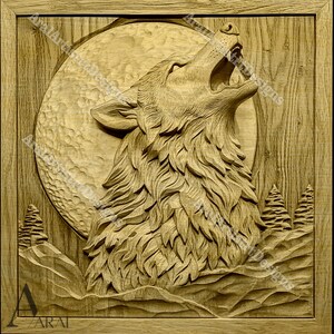 3D-wolfillusiegravure ontwerpbestanden voor lasersnijden: Glowforge, xTool-compatibel