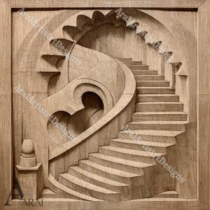 Op de afbeelding: Een houtsnijwerk van een trap met een gebogen leuning, waardoor een optische illusie van een wenteltrap ontstaat. Het snijwerk is gedetailleerd en ingewikkeld, met een lichtbruine houtkleur.