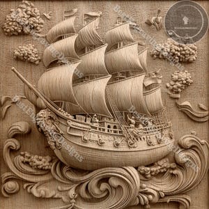 Puede incluir: Una talla de madera detallada de un barco de vela con velas hinchadas, sobre un fondo de nubes y olas estilizadas. El barco está tallado intrincadamente con detalles de cuerdas y figuras en la cubierta.