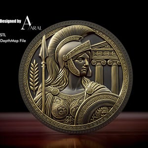 Design de moeda de gravação 3D Athena: arquivo STL de mapa de profundidade para máquinas de laser de fibra e roteadores CNC