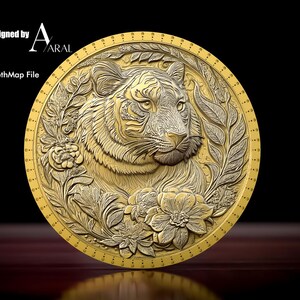 3D Tiger Münzgravur Design: Tiefenkarte STL für Faserlasermaschinen & chinesisches Sternzeichen