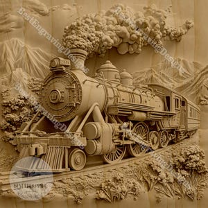 May include: A detailed wood carving of a vintage steam locomotive train engine pulling a train car. The train is carved in a realistic style with intricate details, including the wheels, smoke stack, and train car windows. The train is set against a background of carved mountains and clouds.