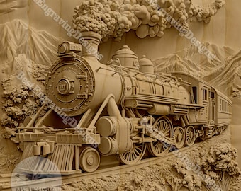3D-treinillusiegravure ontwerpbestanden voor lasersnijden en png-download