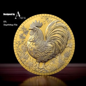 Diseño de moneda de gallo 3D: Grabado del zodiaco chino en formato STL de profundidad para máquinas láser de fibra y CNC