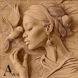May include: A wooden sculpture of a woman with her eyes closed, a dove resting on her hand, and a flower behind her. The sculpture is carved in a realistic style and has a warm, natural wood finish. The sculpture is signed "A ARAL" at the bottom.