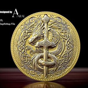 May include: A gold-colored metal coin with a detailed design of a dragon and sword within a Celtic knot pattern. The coin has a raised edge and a smooth surface.