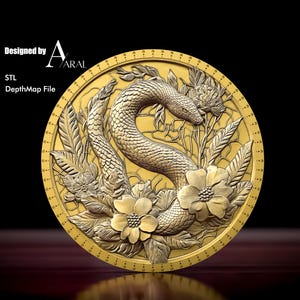 Conception de gravure de pièce de monnaie serpent 3D : carte de la profondeur du zodiaque chinois STL pour machines laser à fibre et CNC